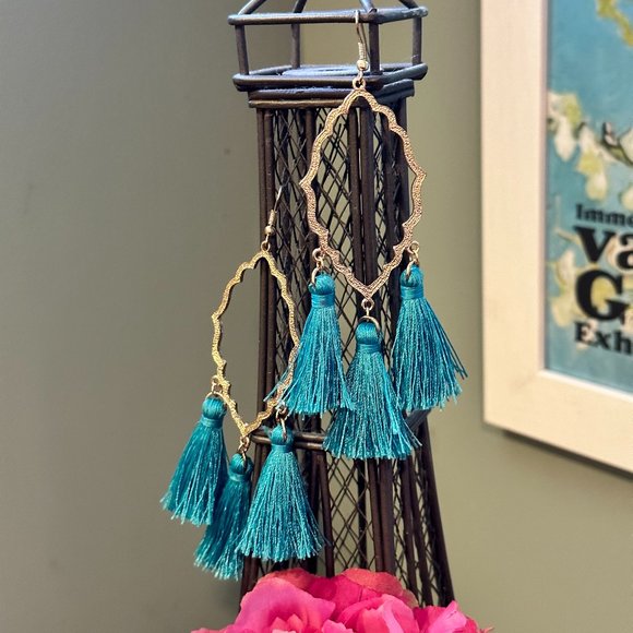 Gold and Teal Blue Tassel Drop Earrings - Picture 1 of 3